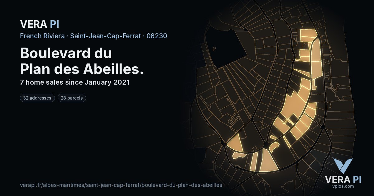 Boulevard du Plan des Abeilles, Saint-Jean-Cap-Ferrat at night – every parcel coloured by the prices around it, the street's own parcels lit