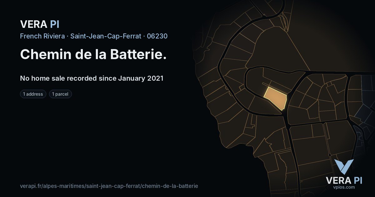 Chemin de la Batterie, Saint-Jean-Cap-Ferrat at night – every parcel coloured by the prices around it, the street's own parcels lit