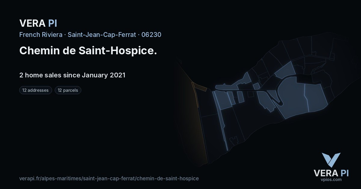 Chemin de Saint-Hospice, Saint-Jean-Cap-Ferrat at night – every parcel coloured by the prices around it, the street's own parcels lit