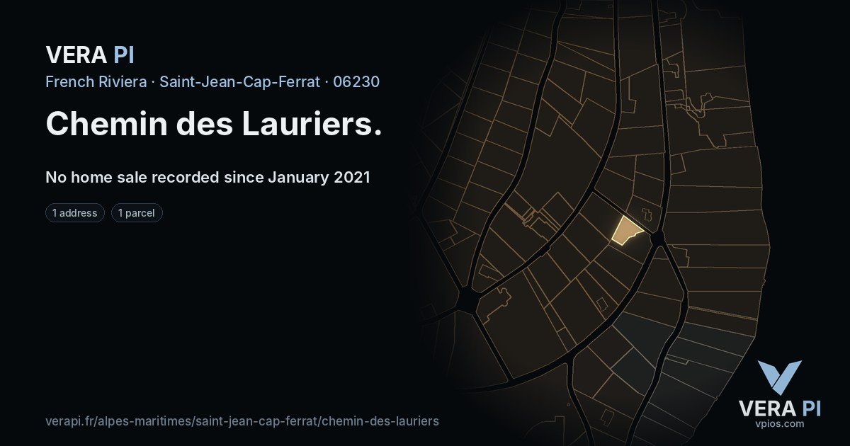 Chemin des Lauriers, Saint-Jean-Cap-Ferrat at night – every parcel coloured by the prices around it, the street's own parcels lit