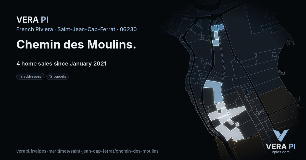 Chemin des Moulins, Saint-Jean-Cap-Ferrat at night – every parcel coloured by the prices around it, the street's own parcels lit