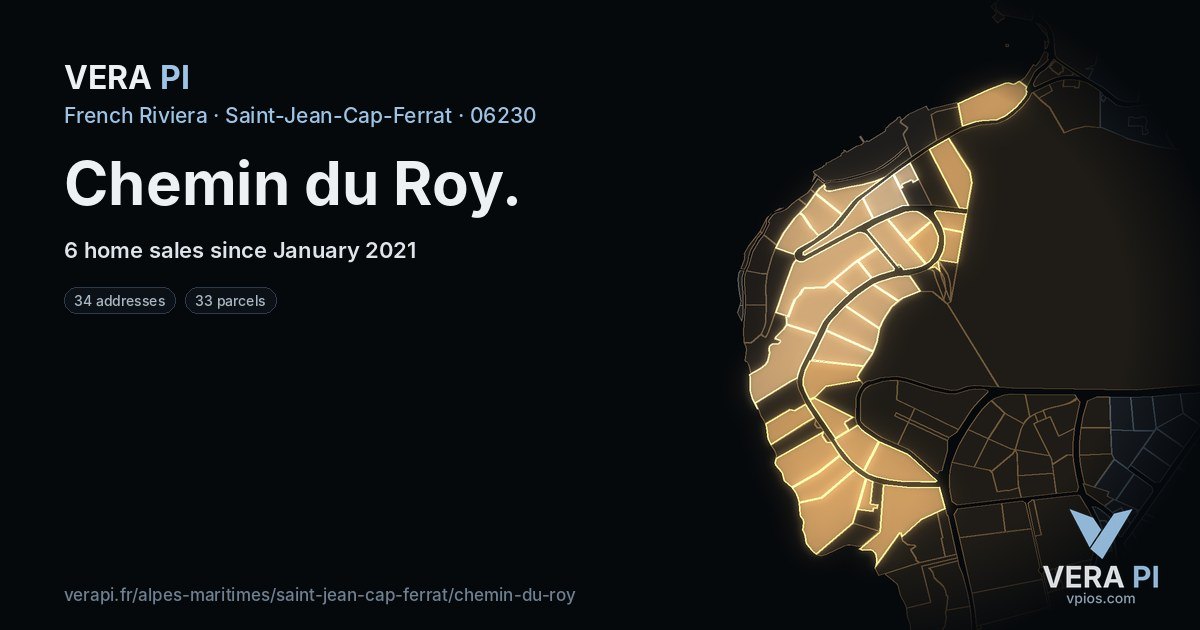 Chemin du Roy, Saint-Jean-Cap-Ferrat at night – every parcel coloured by the prices around it, the street's own parcels lit