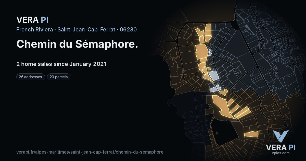 Chemin du Sémaphore, Saint-Jean-Cap-Ferrat at night – every parcel coloured by the prices around it, the street's own parcels lit