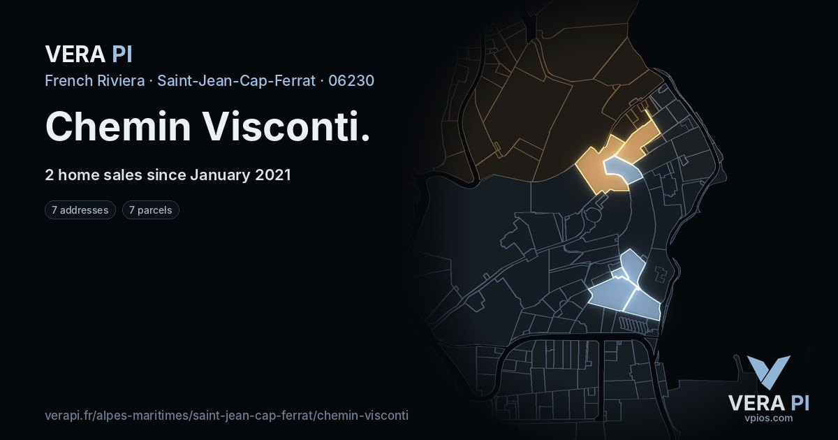 Chemin Visconti, Saint-Jean-Cap-Ferrat at night – every parcel coloured by the prices around it, the street's own parcels lit