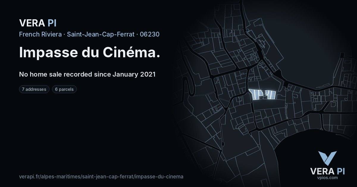 Impasse du Cinéma, Saint-Jean-Cap-Ferrat at night – every parcel coloured by the prices around it, the street's own parcels lit