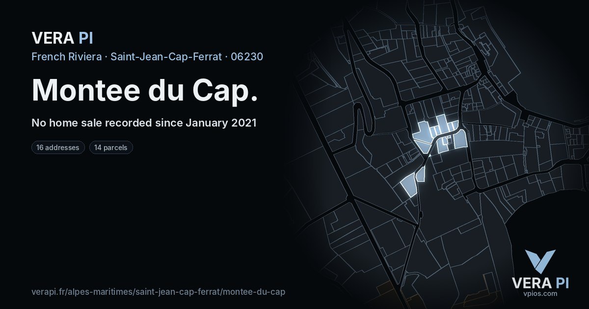 Montee du Cap, Saint-Jean-Cap-Ferrat at night – every parcel coloured by the prices around it, the street's own parcels lit