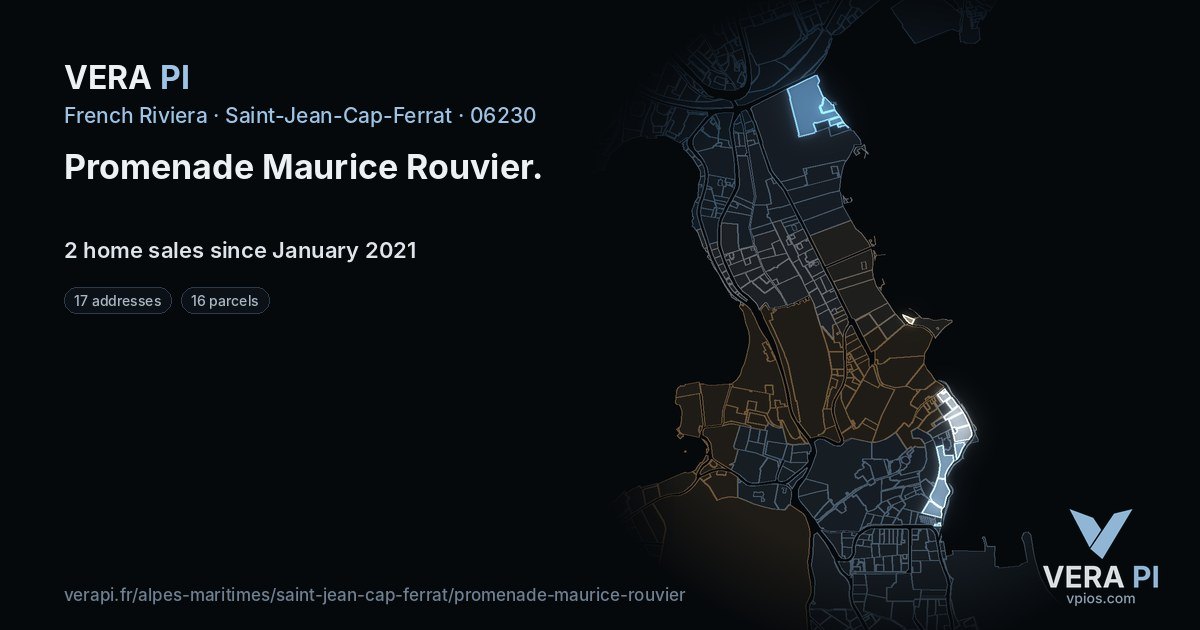 Promenade Maurice Rouvier, Saint-Jean-Cap-Ferrat at night – every parcel coloured by the prices around it, the street's own parcels lit