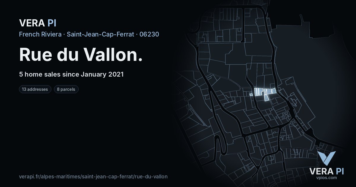 Rue du Vallon, Saint-Jean-Cap-Ferrat at night – every parcel coloured by the prices around it, the street's own parcels lit