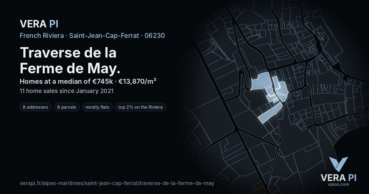 Traverse de la Ferme de May, Saint-Jean-Cap-Ferrat at night – every parcel coloured by the prices around it, the street's own parcels lit