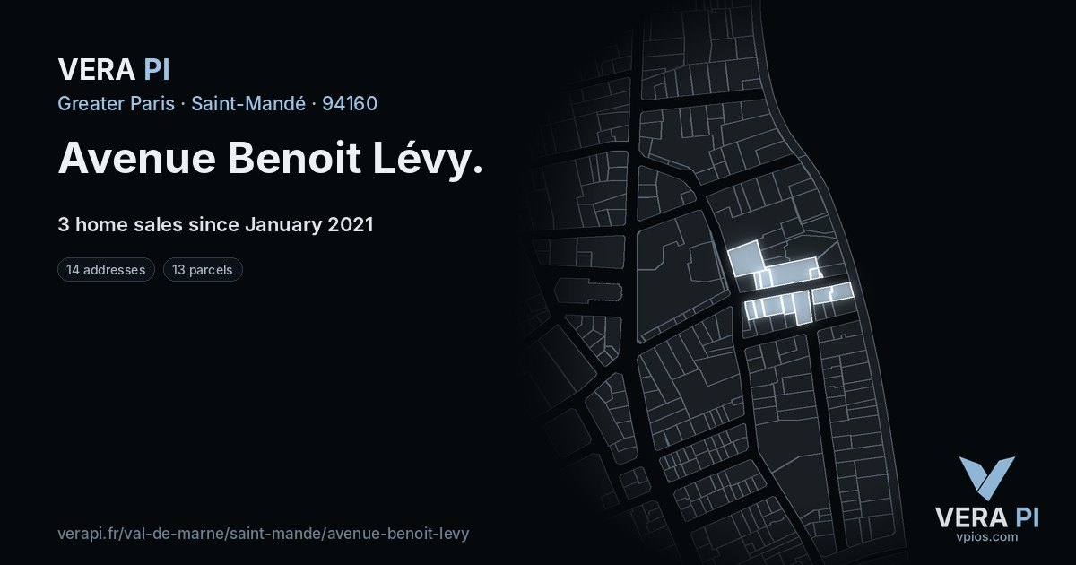 Avenue Benoit Lévy, Saint-Mandé at night – every parcel coloured by the prices around it, the street's own parcels lit