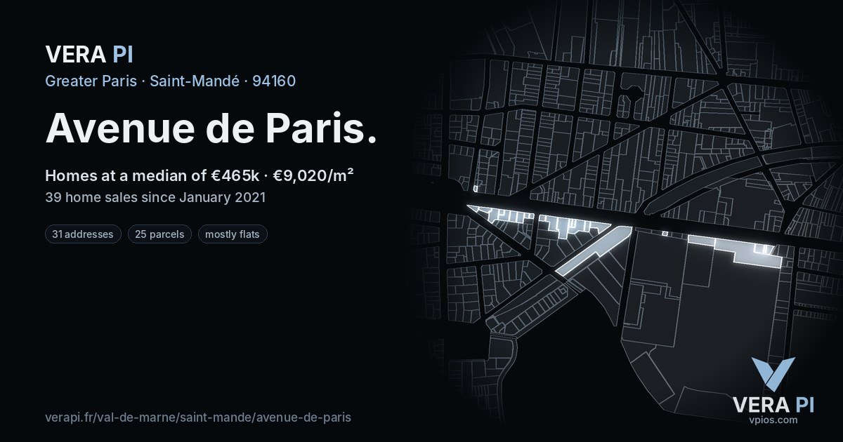 Avenue de Paris, Saint-Mandé at night – every parcel coloured by the prices around it, the street's own parcels lit