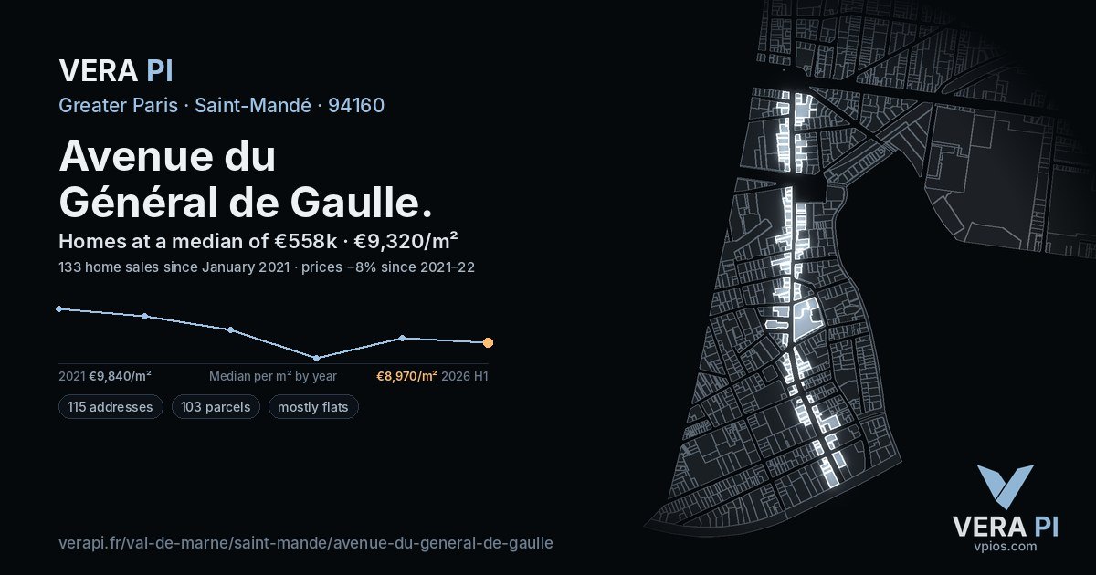 Avenue du Général de Gaulle, Saint-Mandé at night – every parcel coloured by the prices around it, the street's own parcels lit