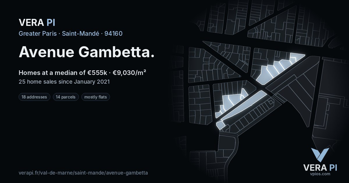 Avenue Gambetta, Saint-Mandé at night – every parcel coloured by the prices around it, the street's own parcels lit