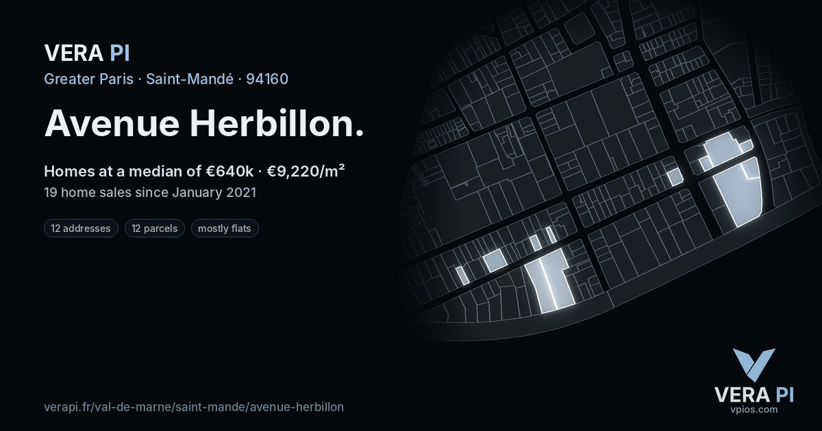 Avenue Herbillon, Saint-Mandé at night – every parcel coloured by the prices around it, the street's own parcels lit