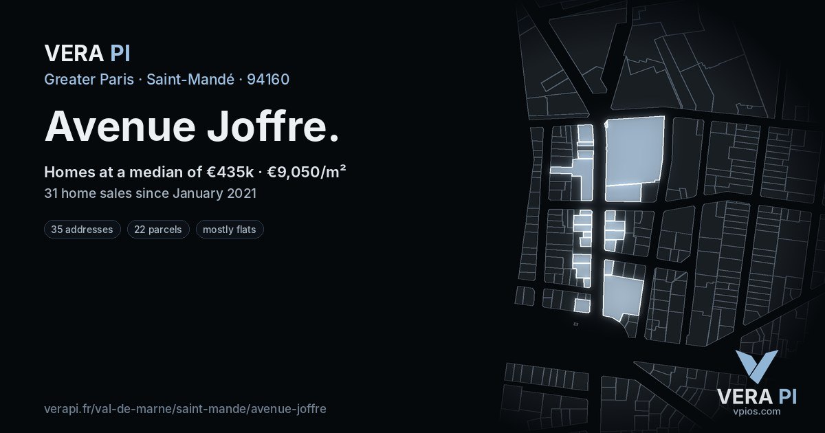 Avenue Joffre, Saint-Mandé at night – every parcel coloured by the prices around it, the street's own parcels lit