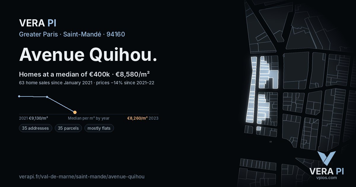 Avenue Quihou, Saint-Mandé at night – every parcel coloured by the prices around it, the street's own parcels lit