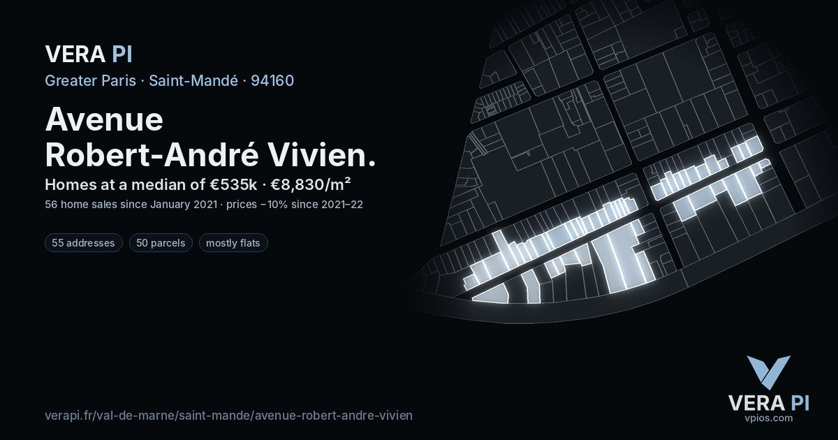 Avenue Robert-André Vivien, Saint-Mandé at night – every parcel coloured by the prices around it, the street's own parcels lit