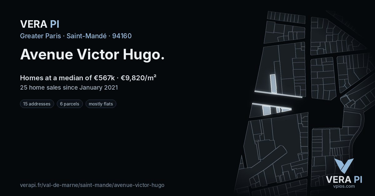 Avenue Victor Hugo, Saint-Mandé at night – every parcel coloured by the prices around it, the street's own parcels lit