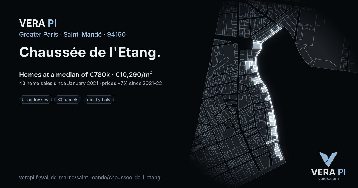 Chaussée de l'Etang, Saint-Mandé at night – every parcel coloured by the prices around it, the street's own parcels lit