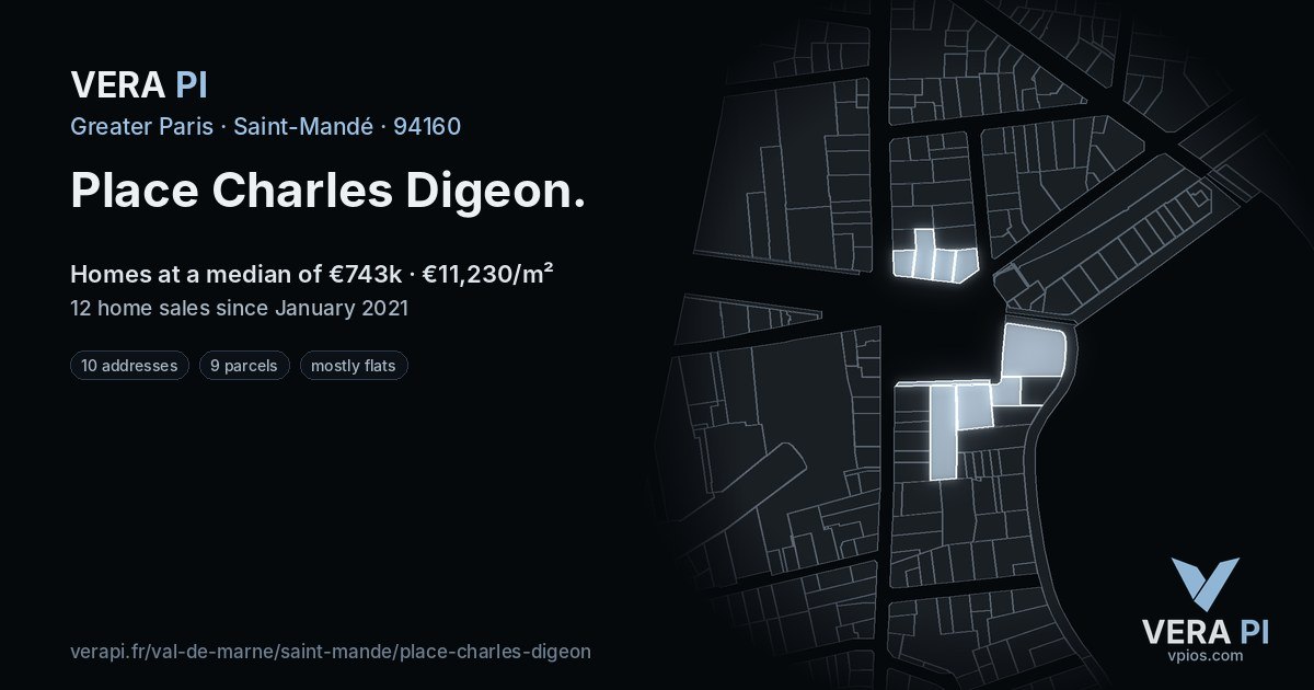 Place Charles Digeon, Saint-Mandé at night – every parcel coloured by the prices around it, the street's own parcels lit