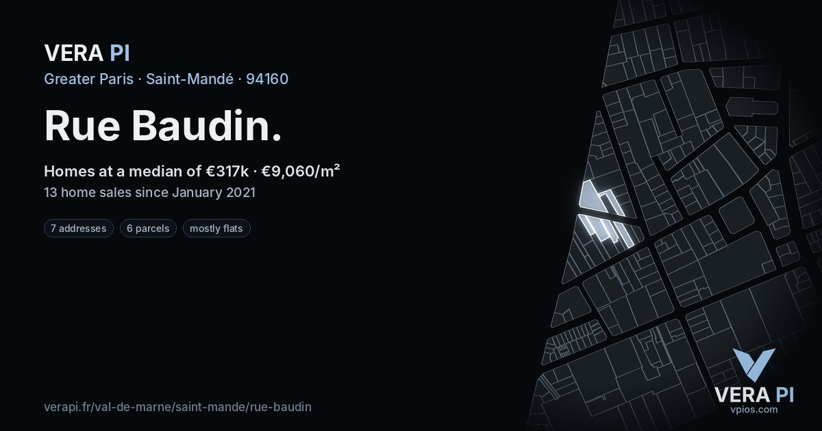 Rue Baudin, Saint-Mandé at night – every parcel coloured by the prices around it, the street's own parcels lit