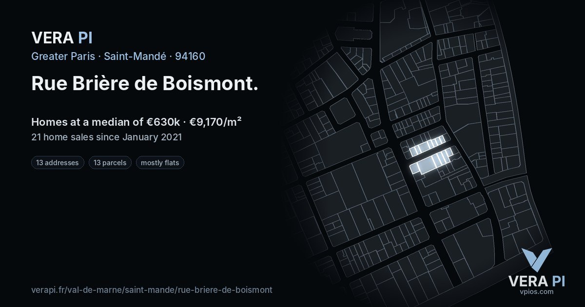 Rue Brière de Boismont, Saint-Mandé at night – every parcel coloured by the prices around it, the street's own parcels lit