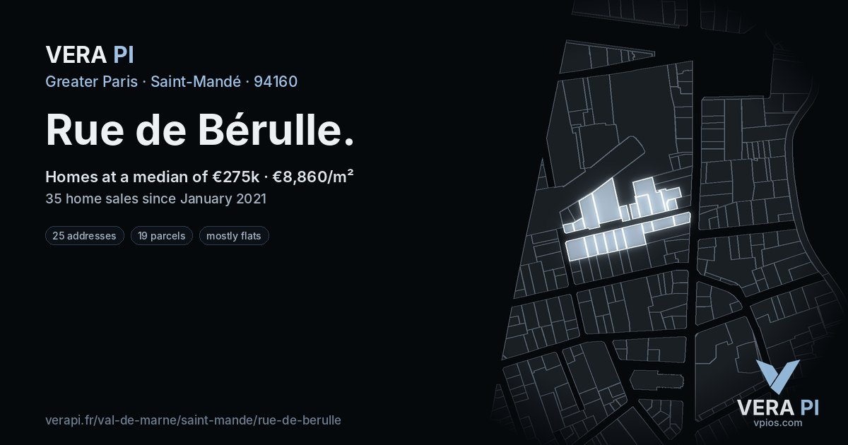 Rue de Bérulle, Saint-Mandé at night – every parcel coloured by the prices around it, the street's own parcels lit