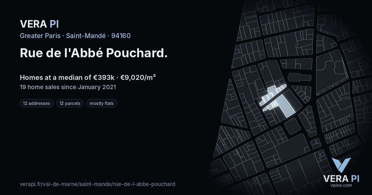 Rue de l'Abbé Pouchard, Saint-Mandé at night – every parcel coloured by the prices around it, the street's own parcels lit