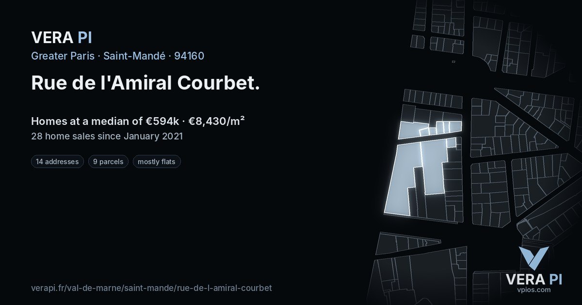 Rue de l'Amiral Courbet, Saint-Mandé at night – every parcel coloured by the prices around it, the street's own parcels lit