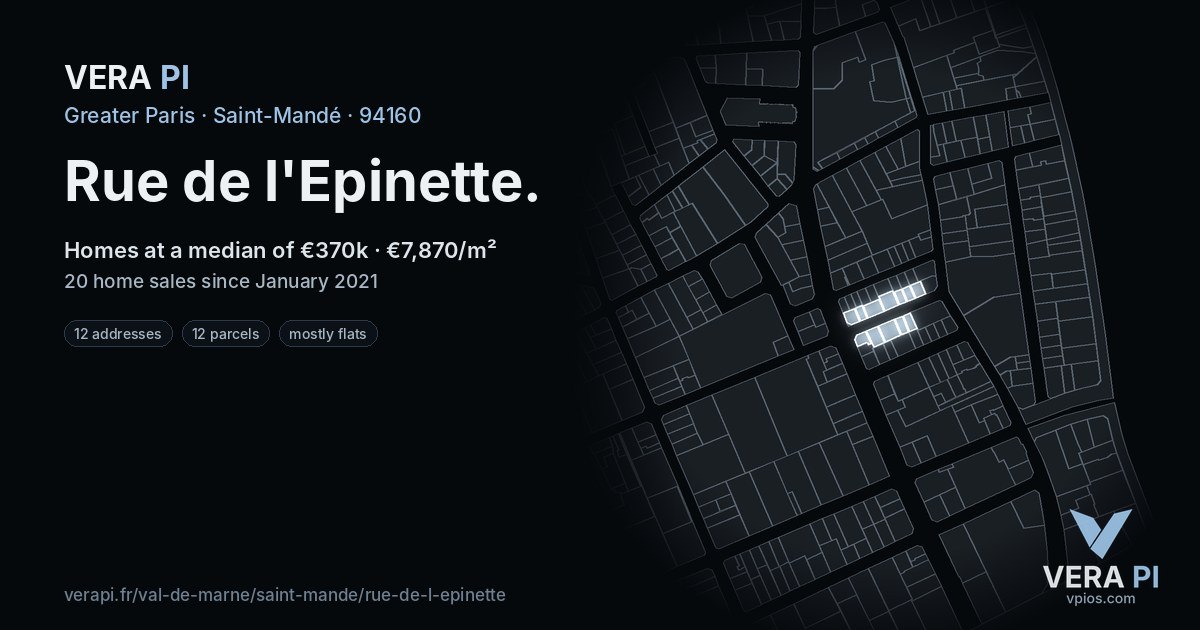 Rue de l'Epinette, Saint-Mandé at night – every parcel coloured by the prices around it, the street's own parcels lit