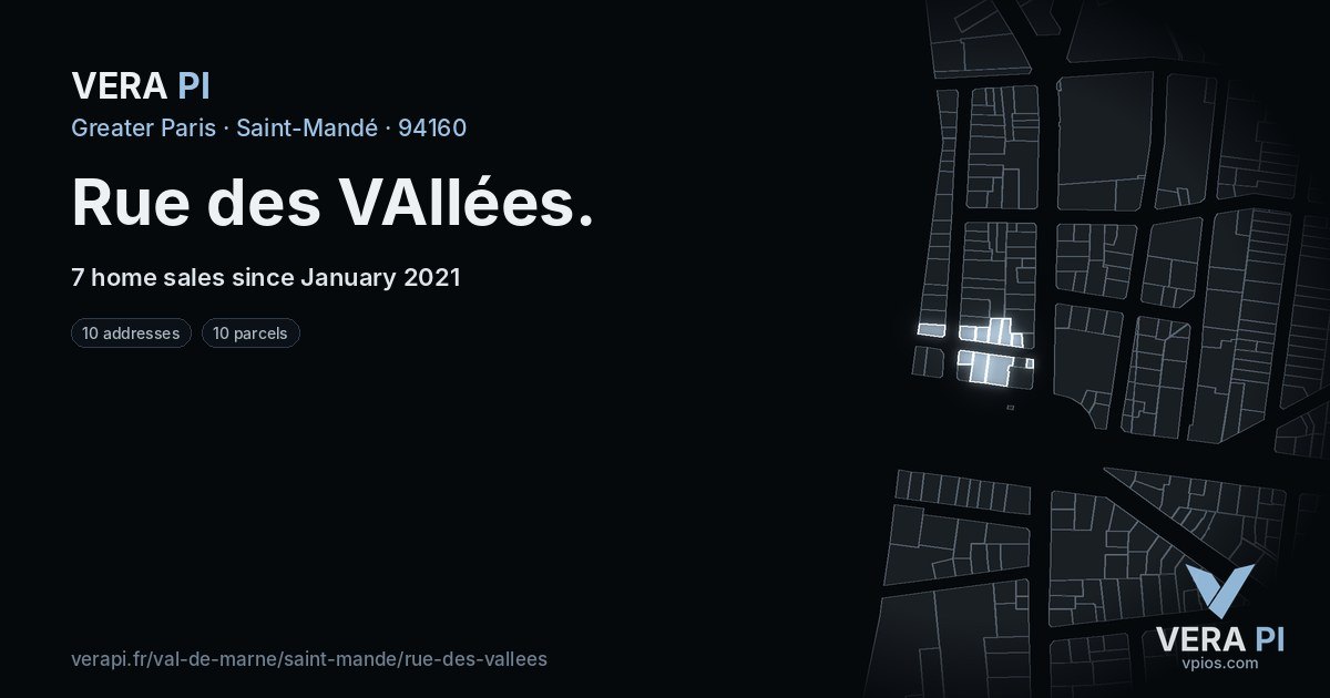 Rue des VAllées, Saint-Mandé at night – every parcel coloured by the prices around it, the street's own parcels lit