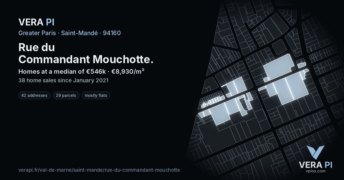 Rue du Commandant Mouchotte, Saint-Mandé at night – every parcel coloured by the prices around it, the street's own parcels lit