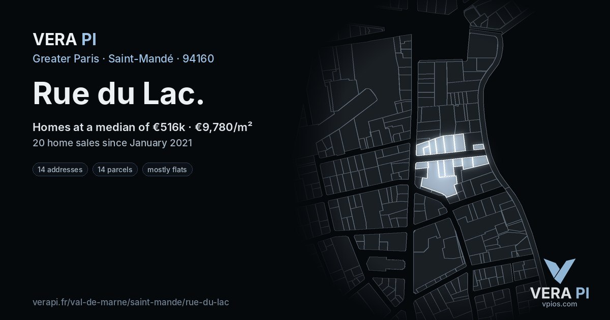 Rue du Lac, Saint-Mandé at night – every parcel coloured by the prices around it, the street's own parcels lit