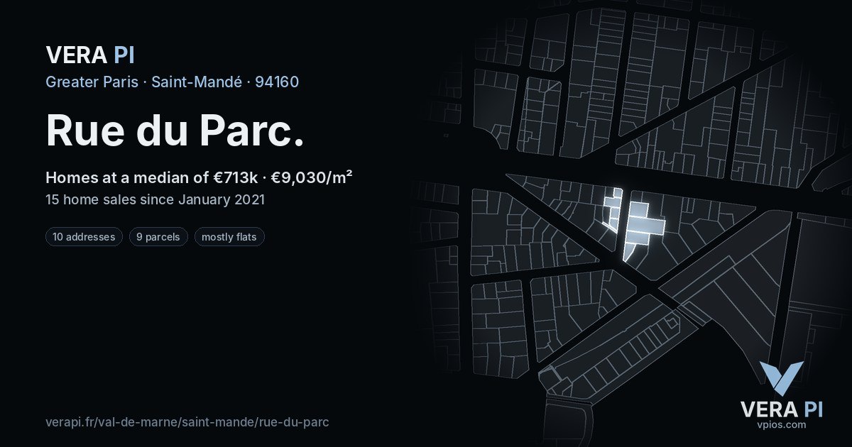 Rue du Parc, Saint-Mandé at night – every parcel coloured by the prices around it, the street's own parcels lit