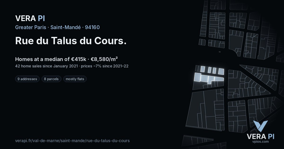 Rue du Talus du Cours, Saint-Mandé at night – every parcel coloured by the prices around it, the street's own parcels lit