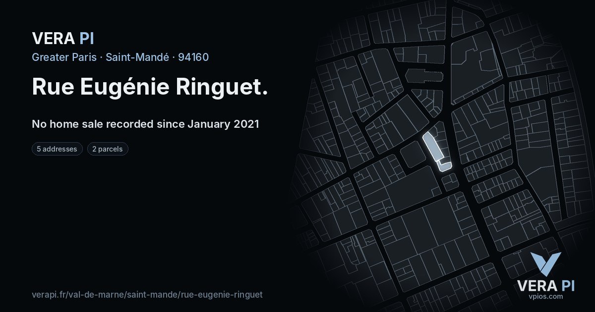 Rue Eugénie Ringuet, Saint-Mandé at night – every parcel coloured by the prices around it, the street's own parcels lit