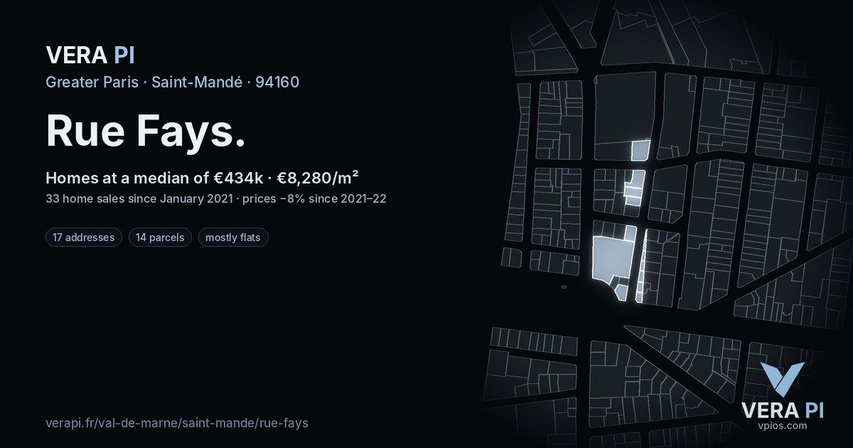Rue Fays, Saint-Mandé at night – every parcel coloured by the prices around it, the street's own parcels lit