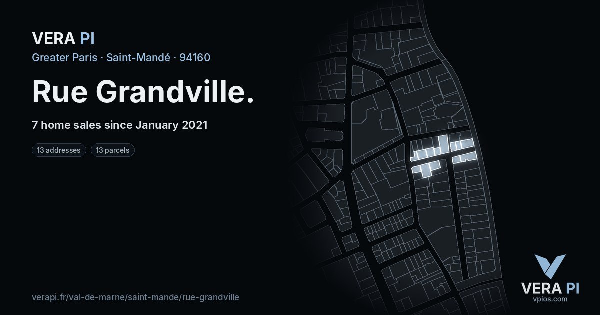 Rue Grandville, Saint-Mandé at night – every parcel coloured by the prices around it, the street's own parcels lit