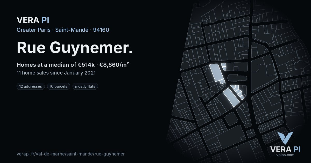 Rue Guynemer, Saint-Mandé at night – every parcel coloured by the prices around it, the street's own parcels lit