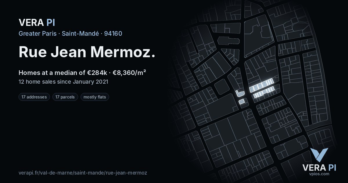 Rue Jean Mermoz, Saint-Mandé at night – every parcel coloured by the prices around it, the street's own parcels lit