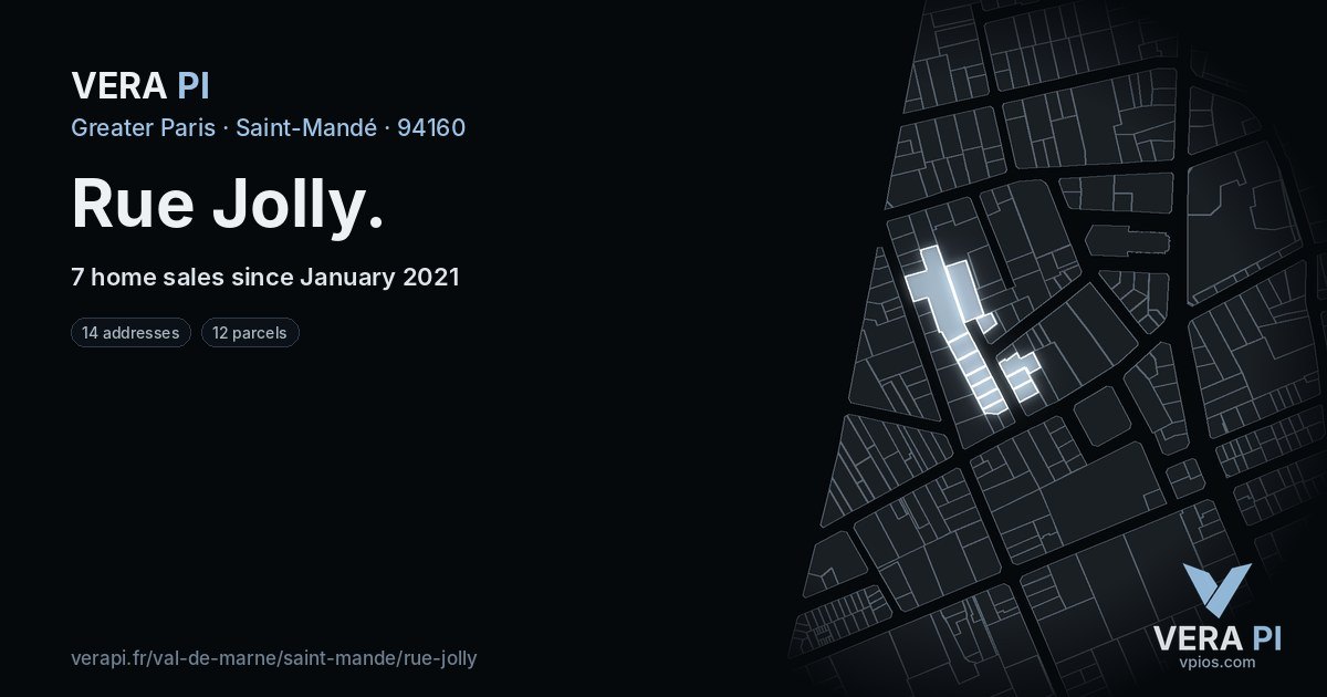 Rue Jolly, Saint-Mandé at night – every parcel coloured by the prices around it, the street's own parcels lit