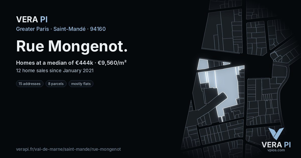 Rue Mongenot, Saint-Mandé at night – every parcel coloured by the prices around it, the street's own parcels lit