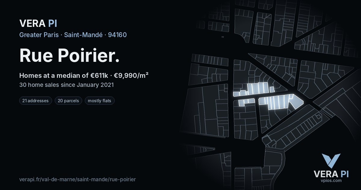 Rue Poirier, Saint-Mandé at night – every parcel coloured by the prices around it, the street's own parcels lit