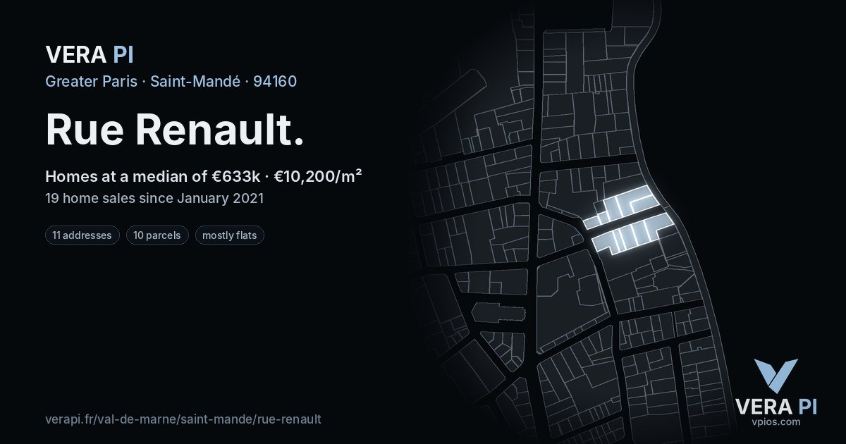 Rue Renault, Saint-Mandé at night – every parcel coloured by the prices around it, the street's own parcels lit