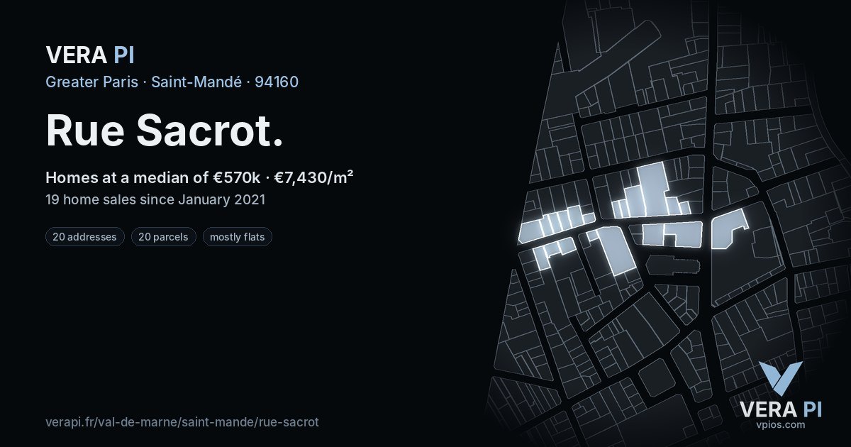 Rue Sacrot, Saint-Mandé at night – every parcel coloured by the prices around it, the street's own parcels lit