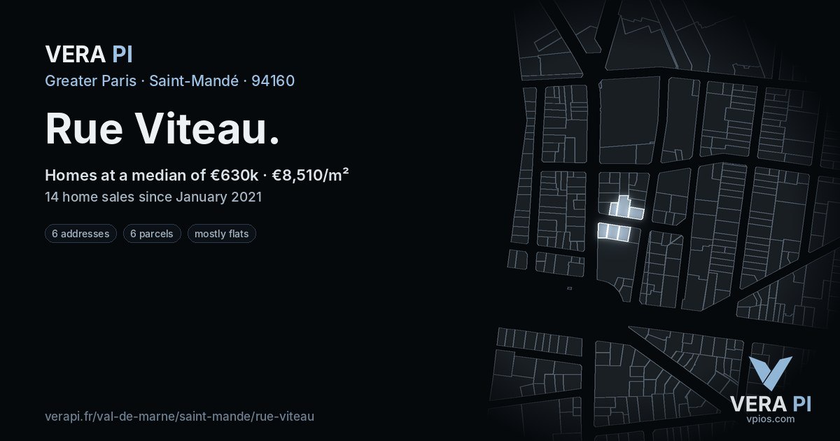 Rue Viteau, Saint-Mandé at night – every parcel coloured by the prices around it, the street's own parcels lit