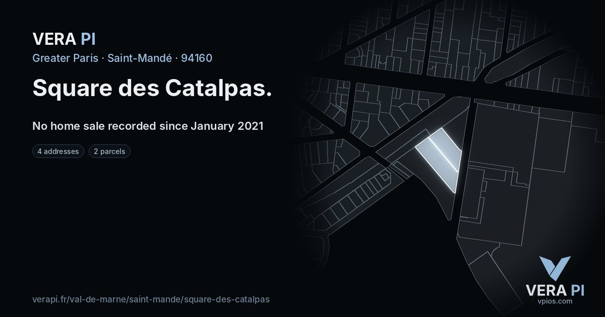 Square des Catalpas, Saint-Mandé at night – every parcel coloured by the prices around it, the street's own parcels lit