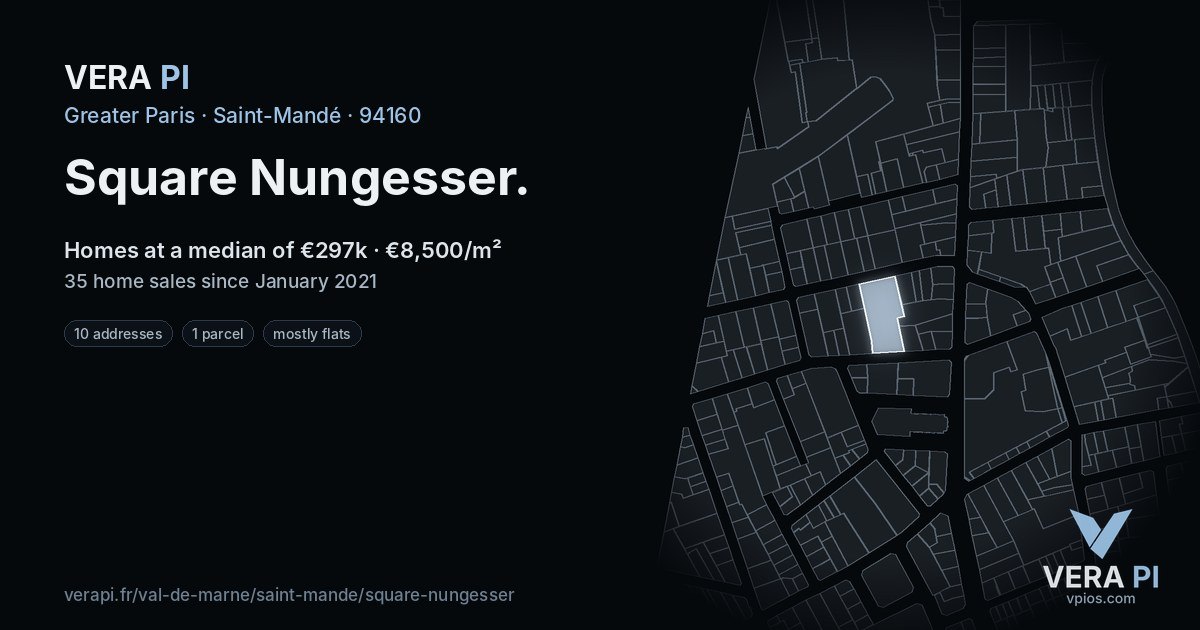 Square Nungesser, Saint-Mandé at night – every parcel coloured by the prices around it, the street's own parcels lit