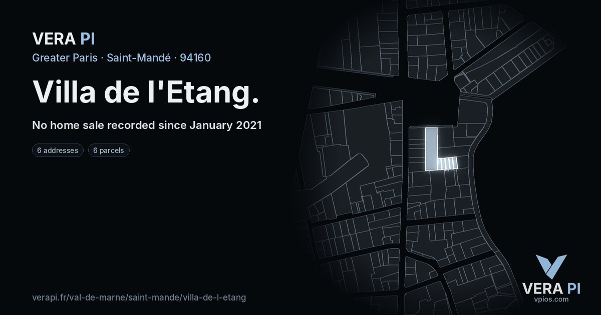 Villa de l'Etang, Saint-Mandé at night – every parcel coloured by the prices around it, the street's own parcels lit