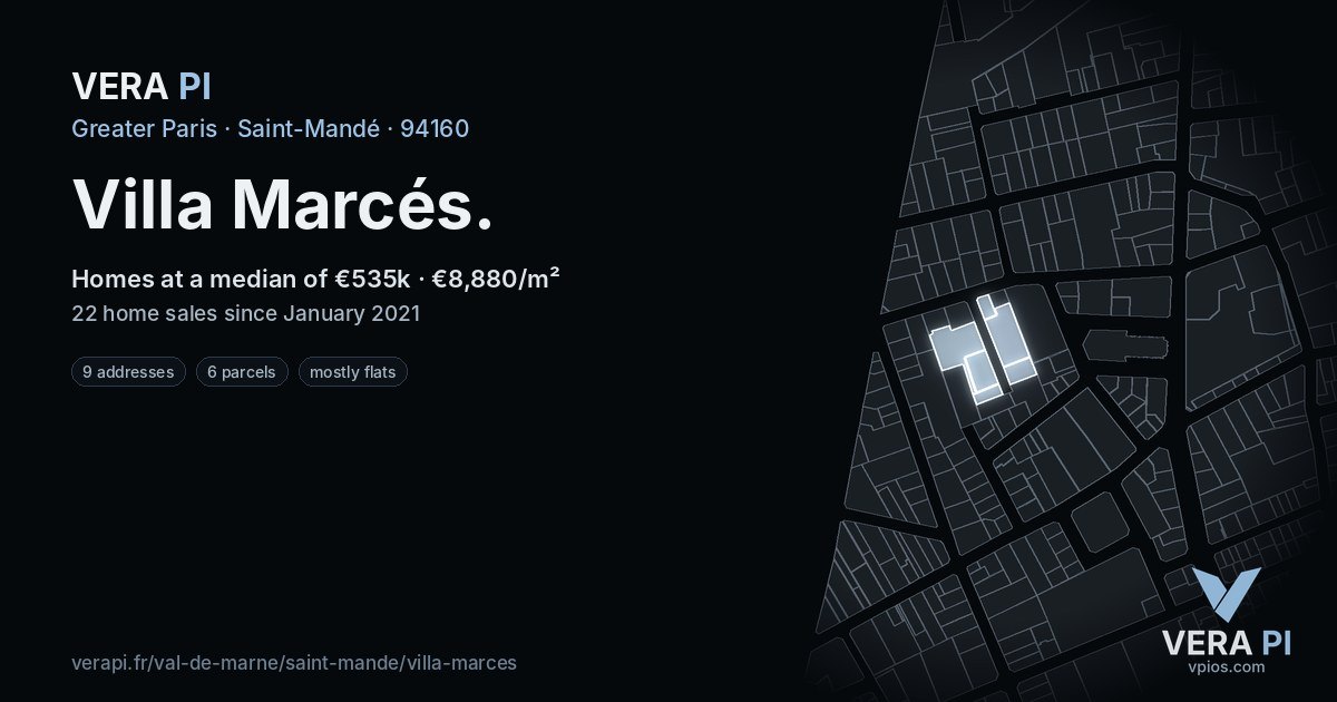 Villa Marcés, Saint-Mandé at night – every parcel coloured by the prices around it, the street's own parcels lit